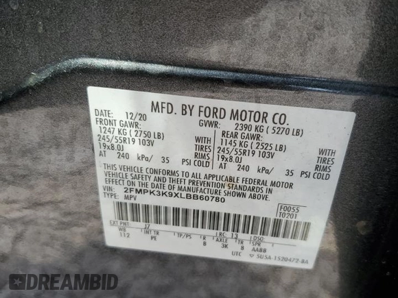 2020 Ford Edge Titanium with VIN 2FMPK3K9XLBB60780, listed as a Copart auction lot 62354735 with 60,328 mi miles and Salvage title. Bid and sale history available at DreamBid. Image 14.