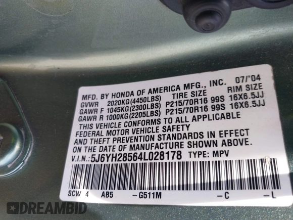 2004 Honda Element EX with VIN 5J6YH28564L028178, listed as a IAAI auction lot 42377713 with 332,922 mi miles and . Bid and sale history available at DreamBid. Image 9.