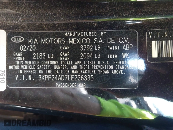 2020 Kia Forte LXS z VIN 3KPF24AD7LE226335, wystawiony jako IAAI lot #42172337 z przebiegiem 101 079 mil mil oraz . Historia ofert i sprzedaży dostępna na DreamBid. Obrazek 9.
