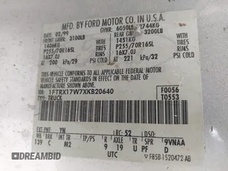1999 Ford F-150 with VIN 1FTRX17W7XKB20640, listed as a IAAI auction lot 42273497 with 250,232 mi miles and . Bid and sale history available at DreamBid. Image 9.