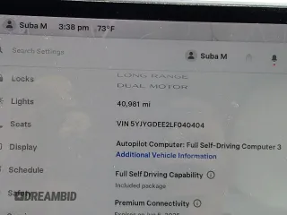 2020 Tesla Model Y Long Range z VIN 5YJYGDEE2LF040404, wystawiony jako Copart lot #54373645 z przebiegiem 40 981 mil mil oraz Szkoda całkowita • Salvage title. Historia ofert i sprzedaży dostępna na DreamBid. Obrazek 9.