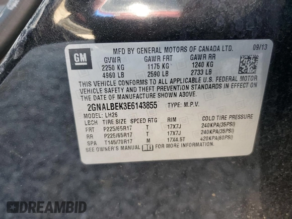 2014 Chevrolet Equinox LT with VIN 2GNALBEK3E6143855, listed as a Copart auction lot 53502065 with 161,516 mi miles and Salvage Title. Bid and sale history available at DreamBid. Image 14.