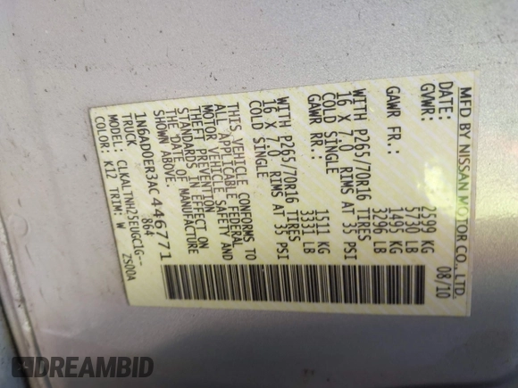 2010 Nissan Frontier SE with VIN 1N6AD0ER3AC446771, listed as a IAAI auction lot 42470579 with 312,909 mi miles and . Bid and sale history available at DreamBid. Image 9.