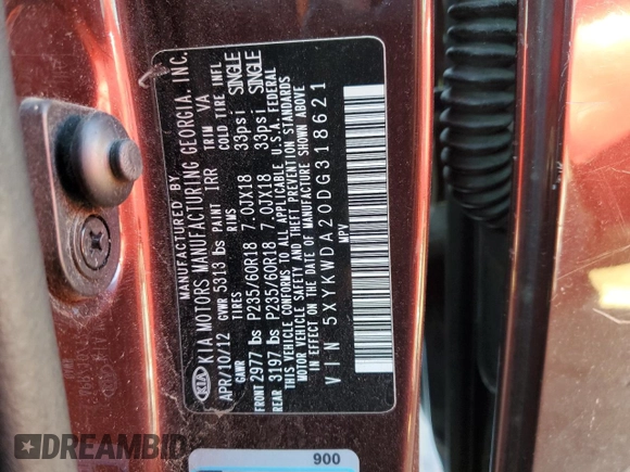2013 Kia Sorento SX with VIN 5XYKWDA20DG318621, listed as a Copart auction lot 49389175 with 168,411 mi miles and Clean Title. Bid and sale history available at carsss.com. Image 12.