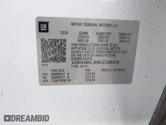 2019 GMC Acadia SLE with VIN 1GKKNKLA9KZ199479, listed as a IAAI auction lot 41580039 with 87,260 mi miles. Bid and sale history available at carsss.com. Image 9.