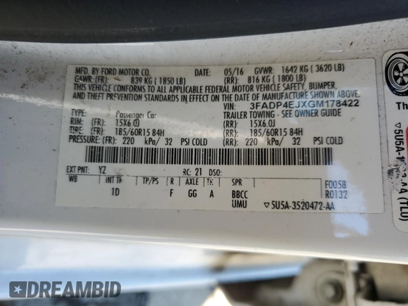 2016 Ford Fiesta SE with VIN 3FADP4EJXGM178422, listed as a Copart auction lot 48239875 with Not Provided miles and Salvage Title. Bid and sale history available at DreamBid. Image 12.