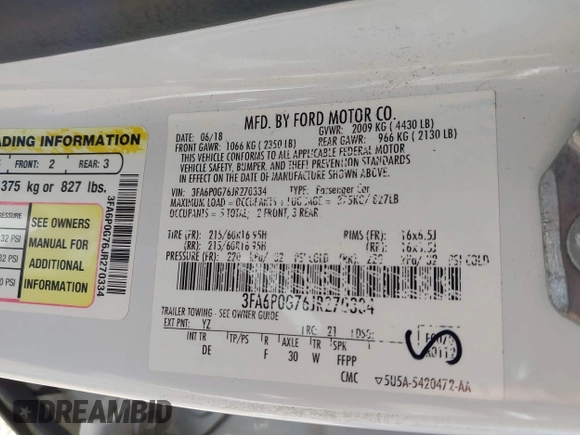 2018 Ford Fusion S with VIN 3FA6P0G76JR270334, listed as a IAAI auction lot 41490738 with 98,920 mi miles. Bid and sale history available at carsss.com. Image 9.