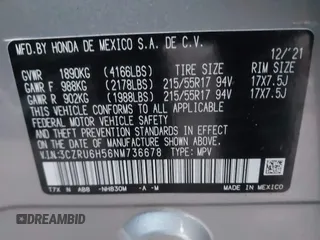 2022 Honda HR-V EX with VIN 3CZRU6H56NM736678, listed as a IAAI auction lot 41220938 with 48,624 mi miles. Bid and sale history available at carsss.com. Image 9.