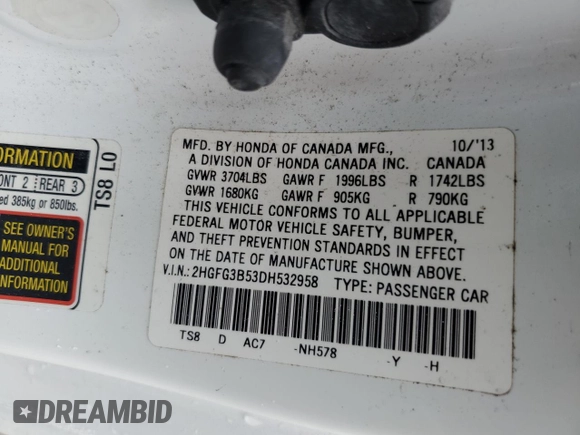 2013 Honda Civic Cpe LX with VIN 2HGFG3B53DH532958, listed as a Copart auction lot 73807914 with 111,216 mi miles and Salvage Title. Bid and sale history available at carsss.com. Image 12.