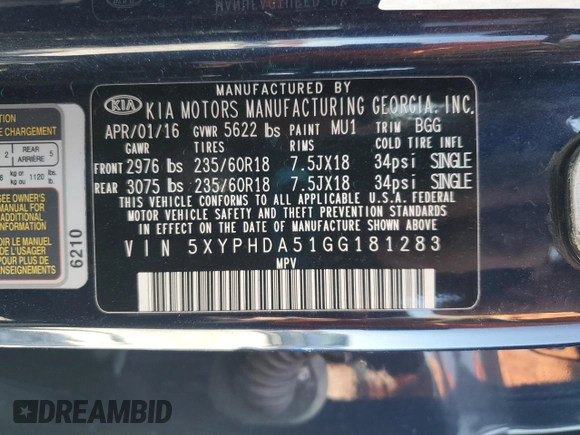 2016 Kia Sorento EX with VIN 5XYPHDA51GG181283, listed as a Copart auction lot 48399645 with 138,688 mi miles and Salvage Title. Bid and sale history available at carsss.com. Image 14.