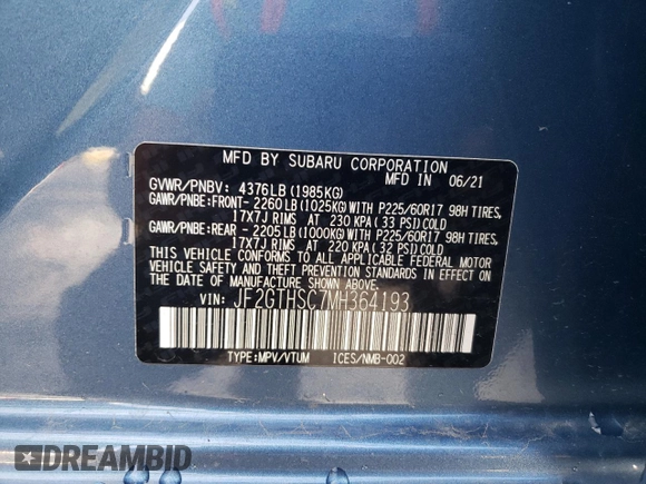 2021 Subaru Crosstrek Special Sports with VIN JF2GTHSC7MH364193, listed as a Copart auction lot 62720225 with 38,740 mi miles and Salvage title. Bid and sale history available at DreamBid. Image 14.
