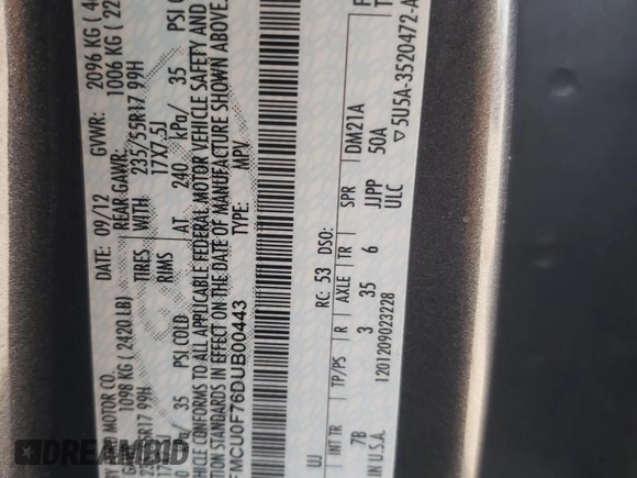 2013 Ford Escape S with VIN 1FMCU0F76DUB00443, listed as a Copart auction lot 52948933 with 38,758 mi miles and Salvage Title. Bid and sale history available at carsss.com. Image 12.
