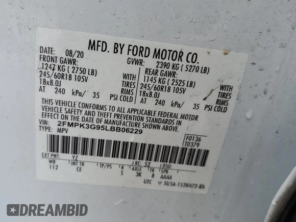 2020 Ford Edge SE z VIN 2FMPK3G95LBB06229, wystawiony jako Copart lot #54275935 z przebiegiem 89 807 mil mil oraz Szkody całkowita. Historia ofert i sprzedaży dostępna na DreamBid. Obrazek 14.