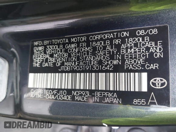 2009 Toyota Yaris with VIN JTDBT903191301642, listed as a IAAI auction lot 42111524 with 224,048 mi miles and . Bid and sale history available at DreamBid. Image 9.