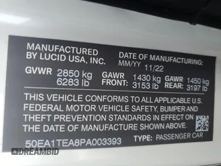 2023 Lucid Air Touring with VIN 50EA1TEA8PA003393, listed as a Copart auction lot 41965965 with 6,344 mi miles and Salvage Title. Bid and sale history available at carsss.com. Image 14.
