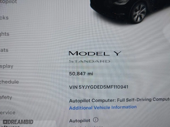 2021 Tesla Model Y Standard Range with VIN 5YJYGDED5MF110941, listed as a IAAI auction lot 41538640 with 50,847 mi miles. Bid and sale history available at carsss.com. Image 7.