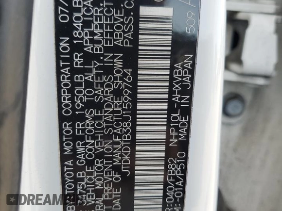 2018 Toyota Prius One with VIN JTDKDTB38J1599764, listed as a Copart auction lot 53269995 with 97,032 mi miles and Clean Title. Bid and sale history available at DreamBid. Image 13.