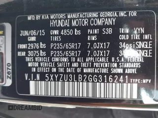 2016 Hyundai Santa Fe z VIN 5XYZU3LB2GG316241, wystawiony jako IAAI lot #42636996 z przebiegiem 256 253 mil mil oraz . Historia ofert i sprzedaży dostępna na DreamBid. Obrazek 9.