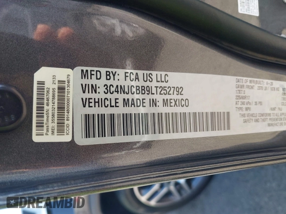 2020 Jeep Compass Latitude with VIN 3C4NJCBB9LT252792, listed as a IAAI auction lot 41714320 with 53,018 mi miles and . Bid and sale history available at DreamBid. Image 9.
