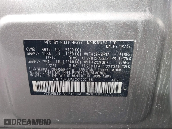 2015 Subaru Outback Premium with VIN 4S4BSAECXF3221961, listed as a IAAI auction lot 41910571 with 222,670 mi miles and . Bid and sale history available at DreamBid. Image 9.