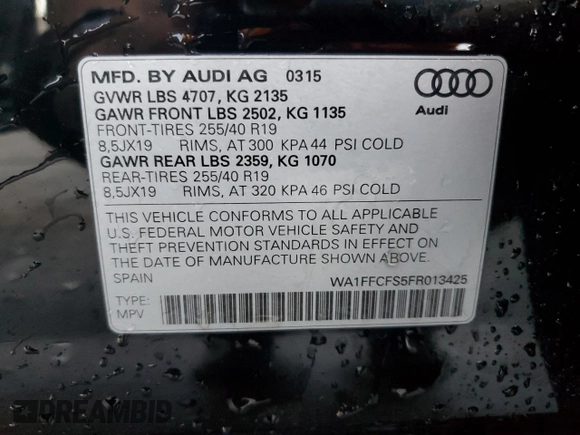 2015 Audi Q3 Prestige with VIN WA1FFCFS5FR013425, listed as a Copart auction lot 88546995 with 39,056 mi miles and Salvage title. Bid and sale history available at DreamBid. Image 14.