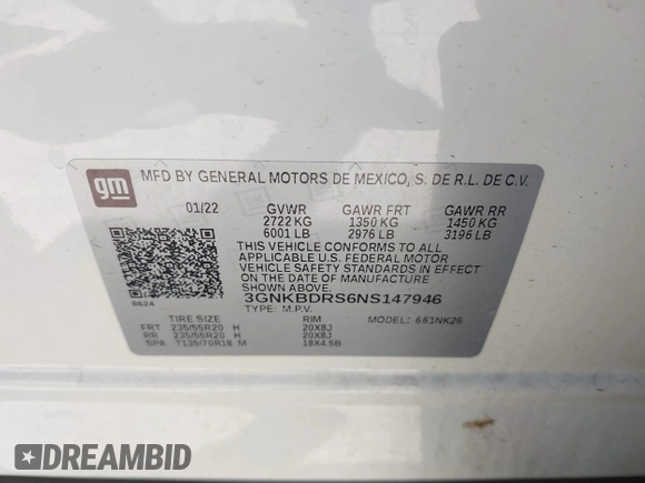 2022 Chevrolet Blazer LT with VIN 3GNKBDRS6NS147946, listed as a IAAI auction lot 42022497 with 50,608 mi miles and . Bid and sale history available at DreamBid. Image 9.