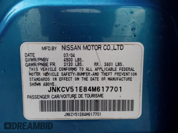 2004 Infiniti G35 w/Leather with VIN JNKCV51E84M617701, listed as a Copart auction lot 75484714 with Not Provided miles and Non Repairable. Bid and sale history available at DreamBid. Image 13.