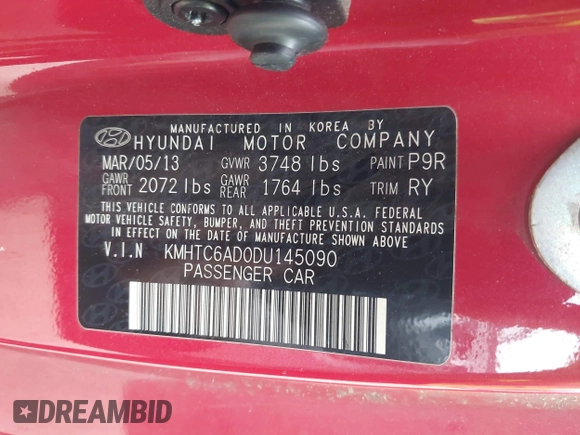 2013 Hyundai Veloster w/Gray Int with VIN KMHTC6AD0DU145090, listed as a IAAI auction lot 42618390 with 126,641 mi miles and . Bid and sale history available at DreamBid. Image 9.