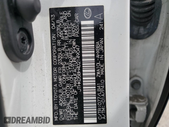 2013 Lexus CT 200h with VIN JTHKD5BH4D2149047, listed as a Copart auction lot 51277205 with 117,507 mi miles and Salvage title. Bid and sale history available at DreamBid. Image 15.