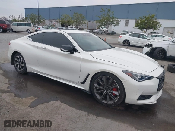 2021 Infiniti Q60 Red Sport 400 with VIN JN1FV7LK1MM530013, listed as a IAAI auction lot 41461752 with 52,844 mi miles and . Bid and sale history available at DreamBid. Image 1.