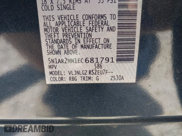 2014 Nissan Pathfinder S with VIN 5N1AR2MM1EC681791, listed as a IAAI auction lot 42662182 with 119,835 mi miles and . Bid and sale history available at DreamBid. Image 9.