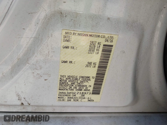2016 Nissan Altima SR with VIN 1N4AL3AP1GC218973, listed as a IAAI auction lot 42080482 with 169,869 mi miles and . Bid and sale history available at carsss.com. Image 9.