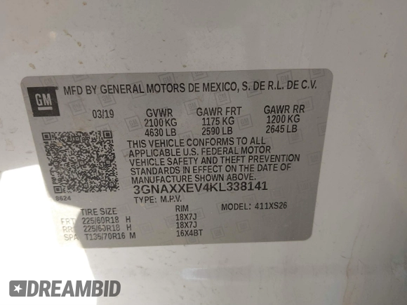 2019 Chevrolet Equinox Premier with VIN 3GNAXXEV4KL338141, listed as a IAAI auction lot 41036530 with 154,923 mi miles and . Bid and sale history available at DreamBid. Image 9.