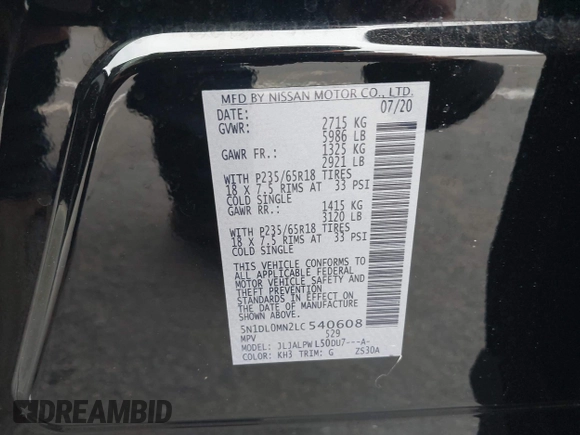 2020 Infiniti QX60 Luxe with VIN 5N1DL0MN2LC540608, listed as a IAAI auction lot 42187929 with 82,227 mi miles and . Bid and sale history available at DreamBid. Image 9.