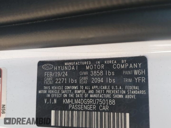 2024 Hyundai Elantra SEL with VIN KMHLM4DG9RU750188, listed as a Copart auction lot 49485825 with 18,836 mi miles and Salvage title. Bid and sale history available at DreamBid. Image 12.