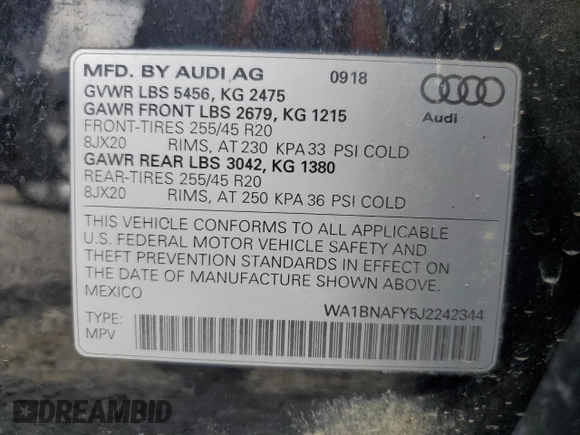 2018 Audi Q5 Premium Plus с VIN WA1BNAFY5J2242344, выставлен на аукционе Copart как лот 64027755 с пробегом 101 745 миль миль и Списание • Salvage title. История ставок и продаж доступна на DreamBid. Изображение 13.