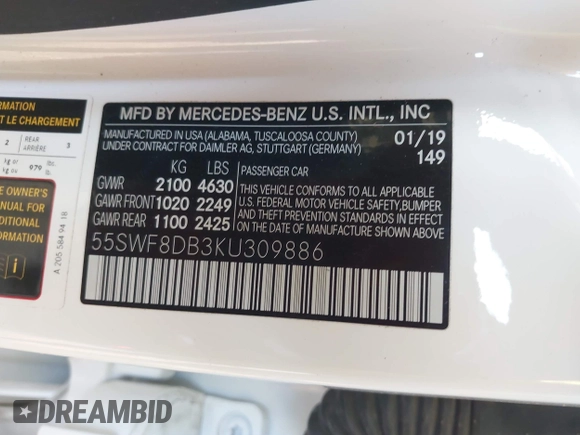 2019 Mercedes-Benz C 300 with VIN 55SWF8DB3KU309886, listed as a IAAI auction lot 41319273 with 49,023 mi miles and . Bid and sale history available at DreamBid. Image 9.