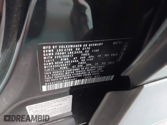 2011 Volkswagen Tiguan SE with VIN WVGAV7AX1BW549681, listed as a IAAI auction lot 40772939 with 157,547 mi miles and . Bid and sale history available at DreamBid. Image 9.