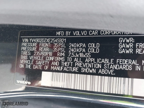 2014 Volvo XC60 3.0L R-Design Premier Plus with VIN YV4902DZXE2545921, listed as a IAAI auction lot 42026506 with 232,903 mi miles. Bid and sale history available at carsss.com. Image 9.