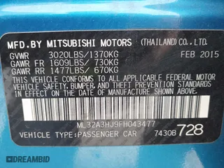 2015 Mitsubishi Mirage DE with VIN ML32A3HJ9FH043477, listed as a IAAI auction lot 42109009 with 124,817 mi miles. Bid and sale history available at carsss.com. Image 9.