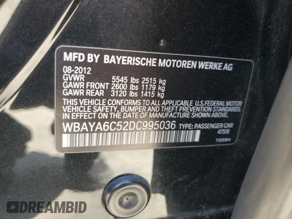 2013 BMW 7 Series 740i with VIN WBAYA6C52DC995036, listed as a Copart auction lot 70317414 with 126,246 mi miles and Clean Title. Bid and sale history available at carsss.com. Image 12.