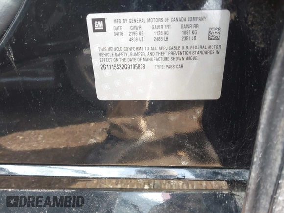 2016 Chevrolet Impala LT with VIN 2G1115S32G9195808, listed as a IAAI auction lot 42175854 with 85,656 mi miles and . Bid and sale history available at DreamBid. Image 9.