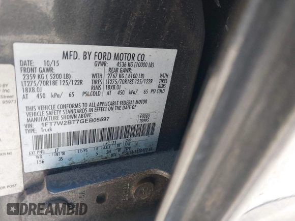 2016 Ford F-250 Lariat with VIN 1FT7W2BT7GEB05597, listed as a IAAI auction lot 41208004 with 129,956 mi miles and . Bid and sale history available at DreamBid. Image 9.