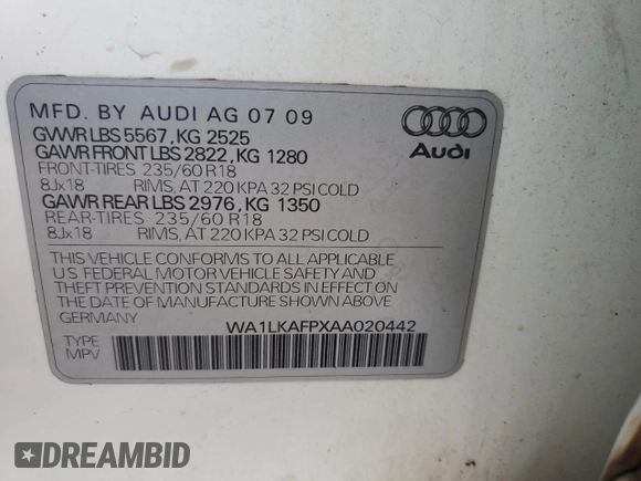 2010 Audi Q5 Premium Plus z VIN WA1LKAFPXAA020442, wystawiony jako Copart lot #62762045 z przebiegiem 136 816 mil mil oraz Szkoda całkowita • Salvage title. Historia ofert i sprzedaży dostępna na DreamBid. Obrazek 12.