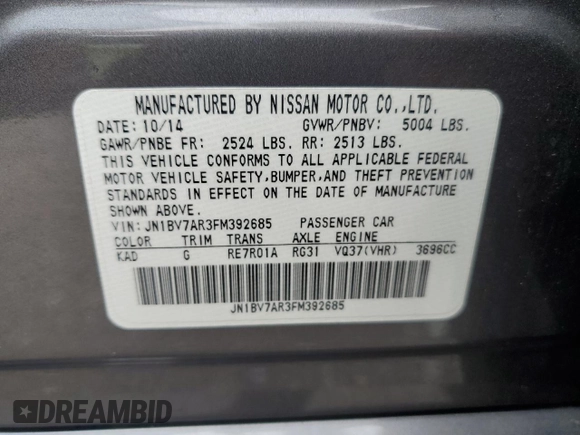 2015 Infiniti Q50 Premium z VIN JN1BV7AR3FM392685, wystawiony jako Copart lot #63233075 z przebiegiem 71 164 mil mil oraz Szkoda całkowita • Salvage title. Historia ofert i sprzedaży dostępna na DreamBid. Obrazek 13.