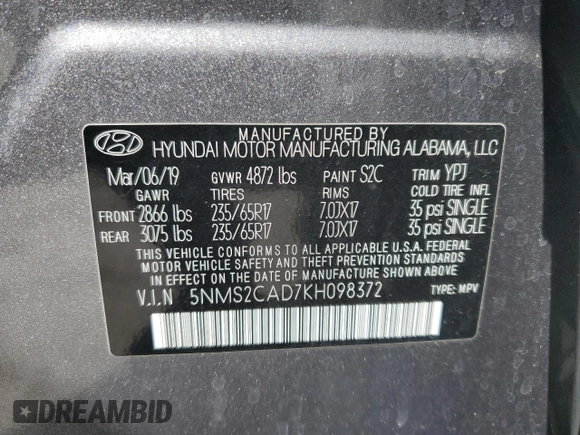 2019 Hyundai Santa Fe SE with VIN 5NMS2CAD7KH098372, listed as a Copart auction lot 50815165 with 92,377 mi miles and Non Repairable. Bid and sale history available at DreamBid. Image 13.
