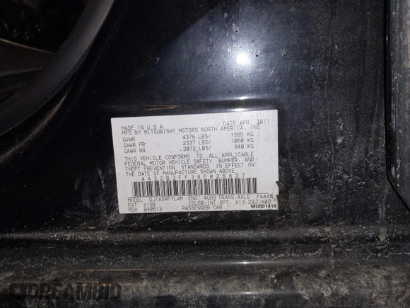 2011 Mitsubishi Galant ES with VIN 4A32B3FF3BE026837, listed as a IAAI auction lot 41618148 with 135,979 mi miles. Bid and sale history available at carsss.com. Image 9.