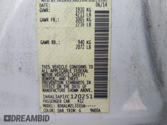 2015 Nissan Altima 2.5 S with VIN 1N4AL3AP1FC120251, listed as a IAAI auction lot 41927698 with 128,320 mi miles. Bid and sale history available at carsss.com. Image 9.