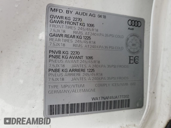 2018 Audi allroad A4 Premium with VIN WA17NAF49JA177202, listed as a Copart auction lot 62420854 with 83,200 mi miles and Clean Title. Bid and sale history available at DreamBid. Image 13.