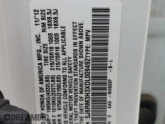 2013 Honda CR-V LX with VIN 5J6RM3H3XDL009492, listed as a Copart auction lot 51371185 with 164,510 mi miles and Salvage Title. Bid and sale history available at carsss.com. Image 13.